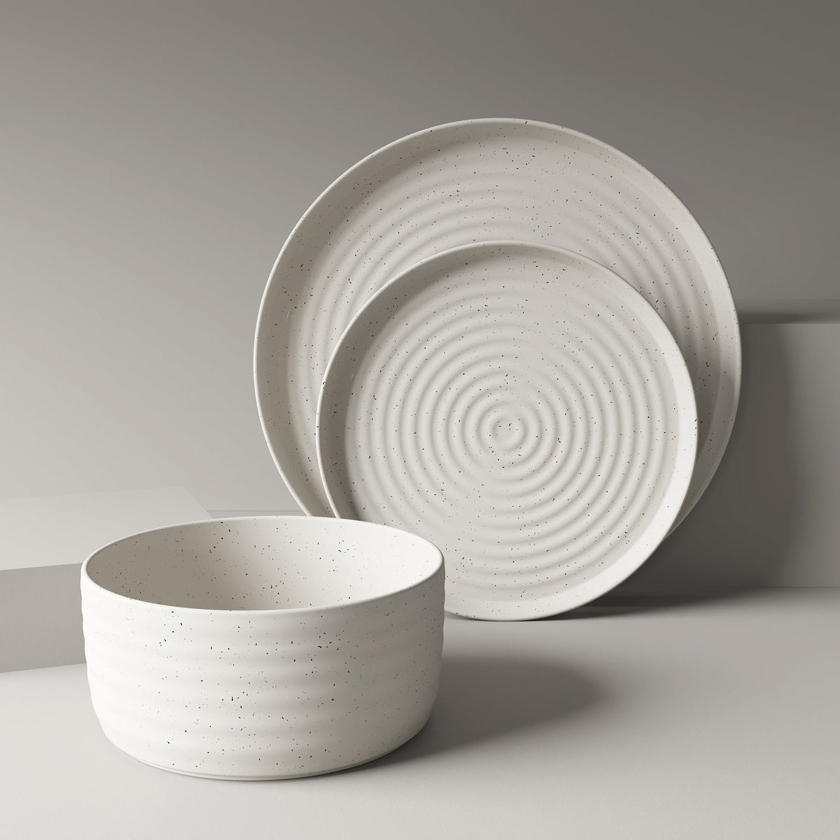 Dinnerware Set, 12-Piece, Stoneware, Speckled Off-White, Ribbed – Rachel