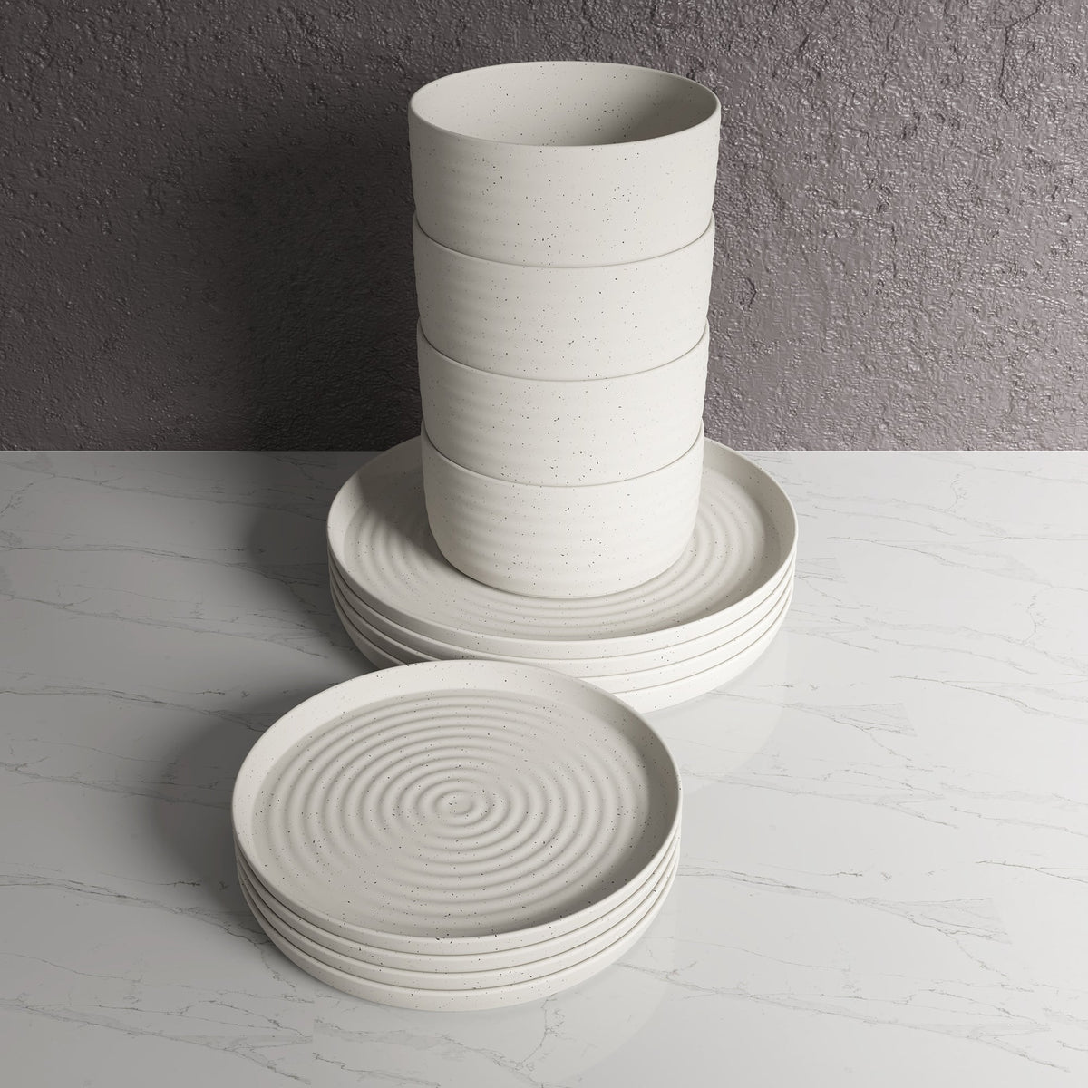 Dinnerware Set, 12-Piece, Stoneware, Speckled Off-White, Ribbed – Rachel