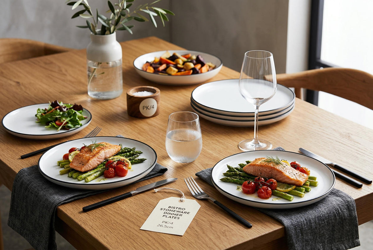 Dinner Plates, Set of 4, Stoneware, 26.5 cm (10.4 in), White with Black Rim – Bistro