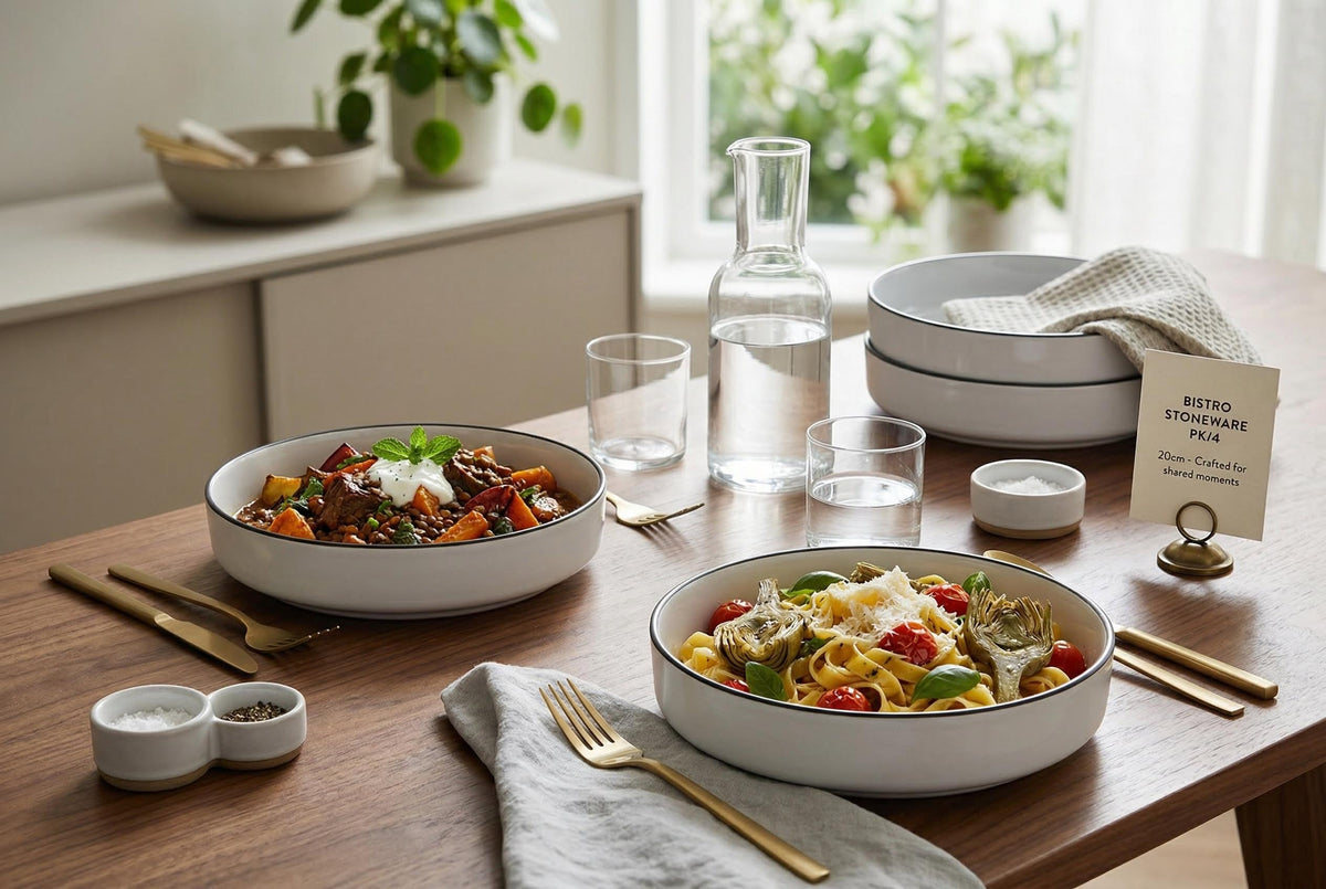 Pasta Bowls, Set of 4, Stoneware, 20 cm (7.9 in), White with Black Rim – Bistro
