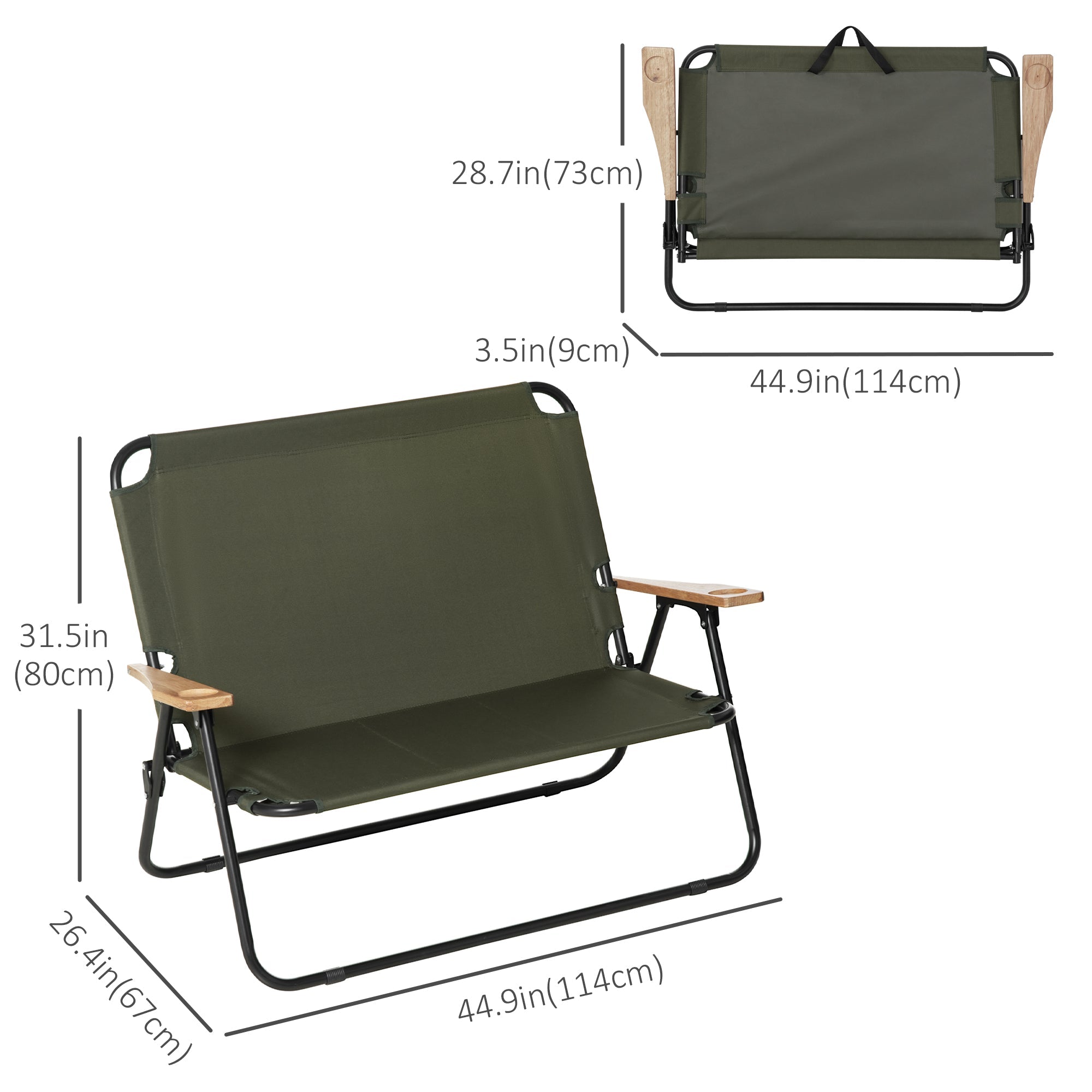 Outsunny Double Folding Loveseat Camping Chair Portable Outdoor 2 Person Wood Armrest Fishing Travel Green