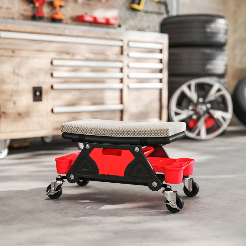 Rolling Garage Stool with Wheels, 300 LBS Capacity Padded Mechanic Stool with Tool Trays Storage, Grey
