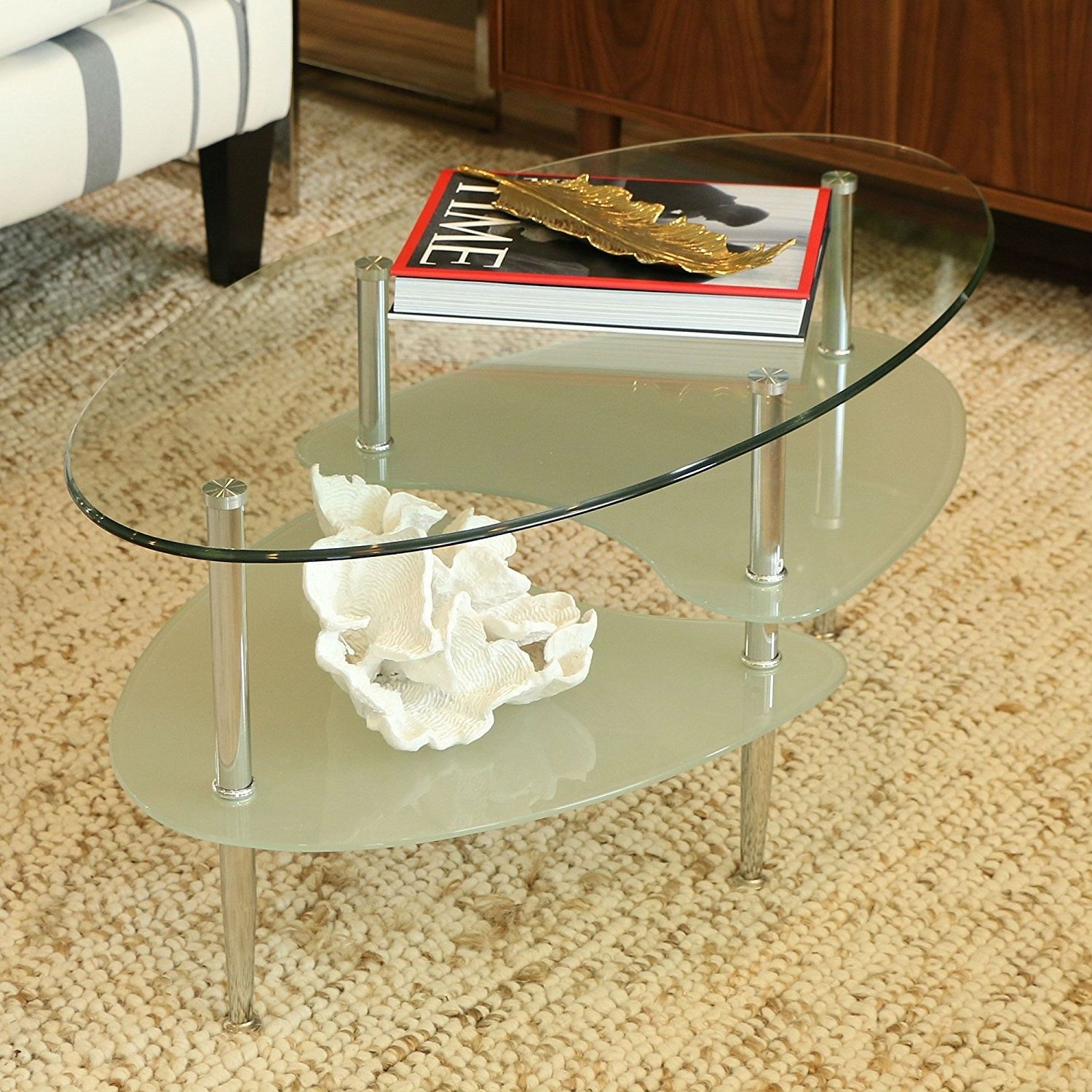 Modern Oval Glass Coffee Table with Chrome Metal Legs - Free Shipping