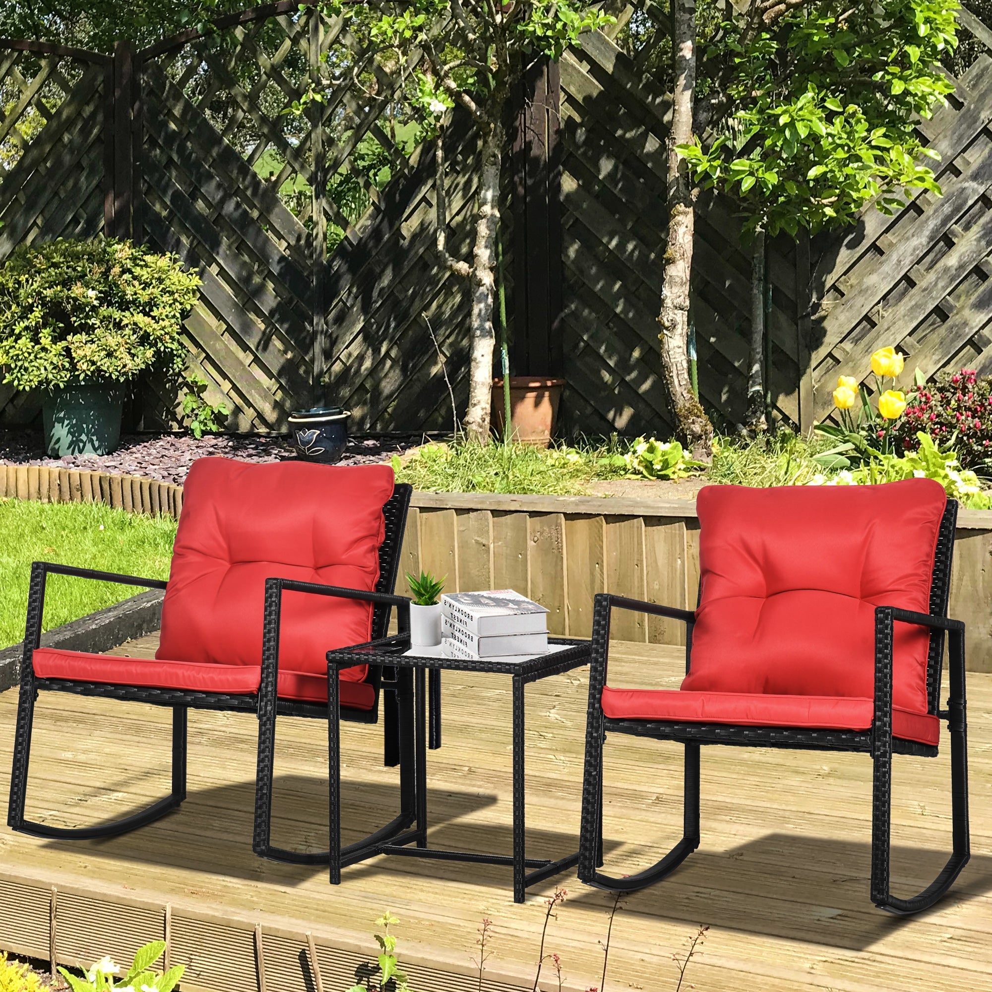 Outsunny 3 Pieces Rocking Bistro Set, Outdoor Wicker Patio Furniture with Glass Coffee Table and Outside Rocking Chairs for Porch