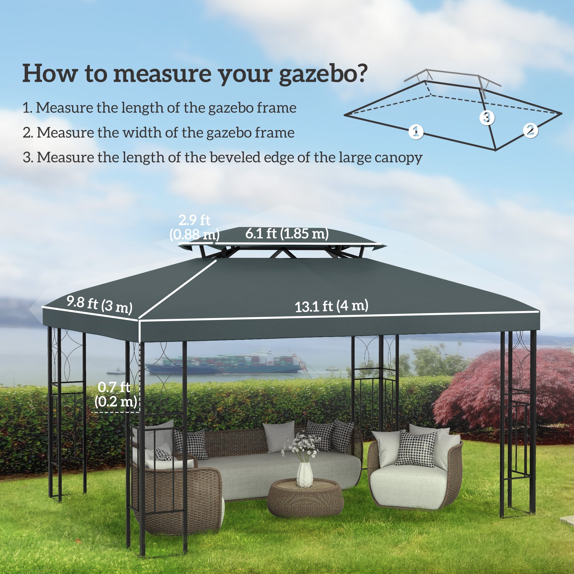 Outsunny Gazebo Replacement Canopy 13'x10', 2 Tier UV Protection Top, Grey for Garden Pavilion