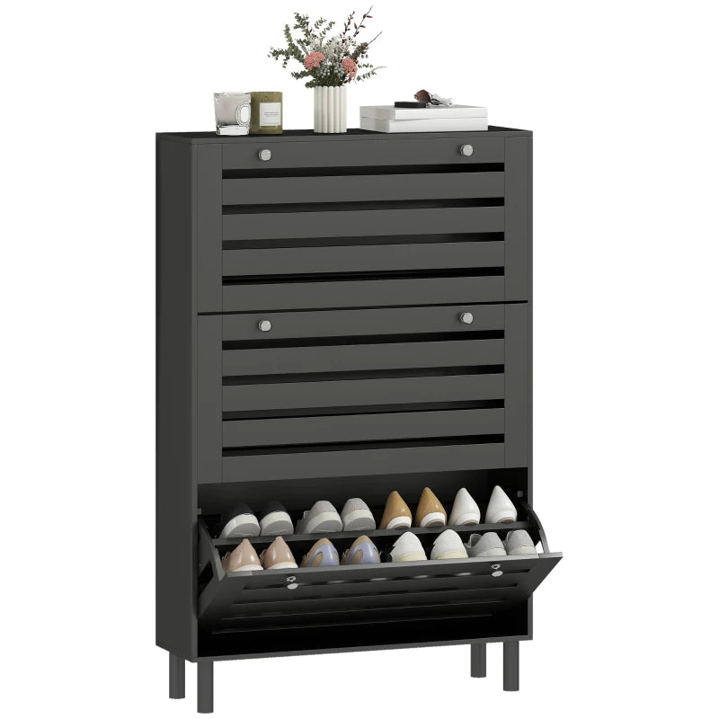 Narrow Shoe Storage Cabinet, 3 Flip Drawers, Adjustable Shelves, 18-24 Pairs Capacity, Black