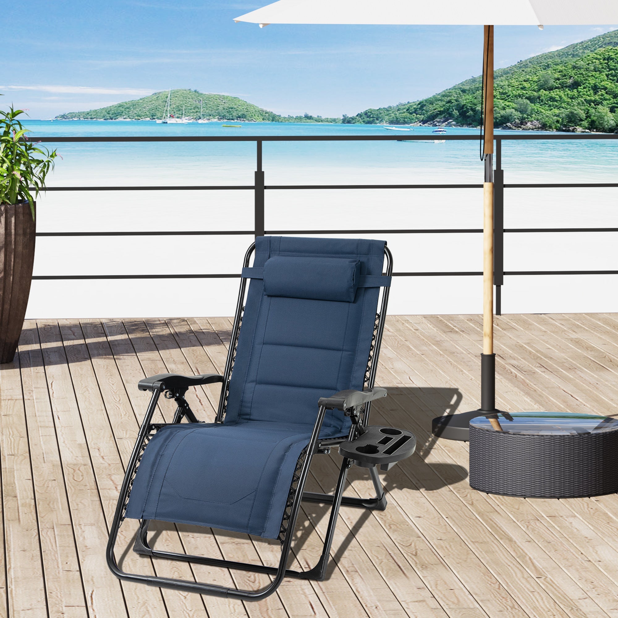 Outsunny Zero Gravity Lounger Chair, Padded Folding Reclining Patio Chair with Cup Holder, Headrest, for Poolside, Camping, Blue