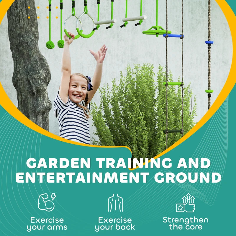 Qaba Obstacle course for Kids, with 10-Piece Slackline Kit with Monkey Bars, Gym Rings, Rope Ladder, Nest Swing, Hanging Tray