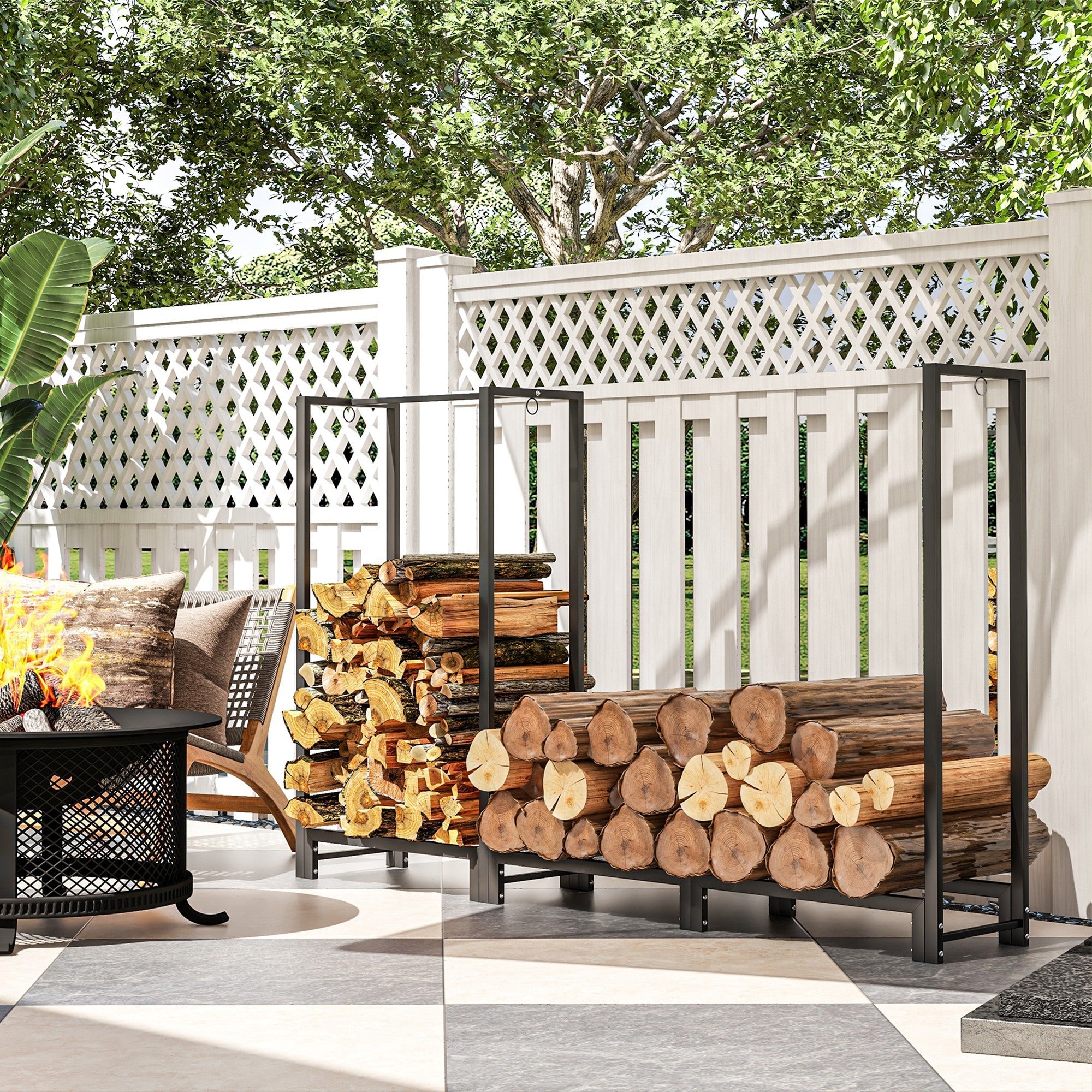 Outsunny 6ft Firewood Rack with Dual Space and Lock Rings, Steel Log Holder for Outdoor Indoor, Black