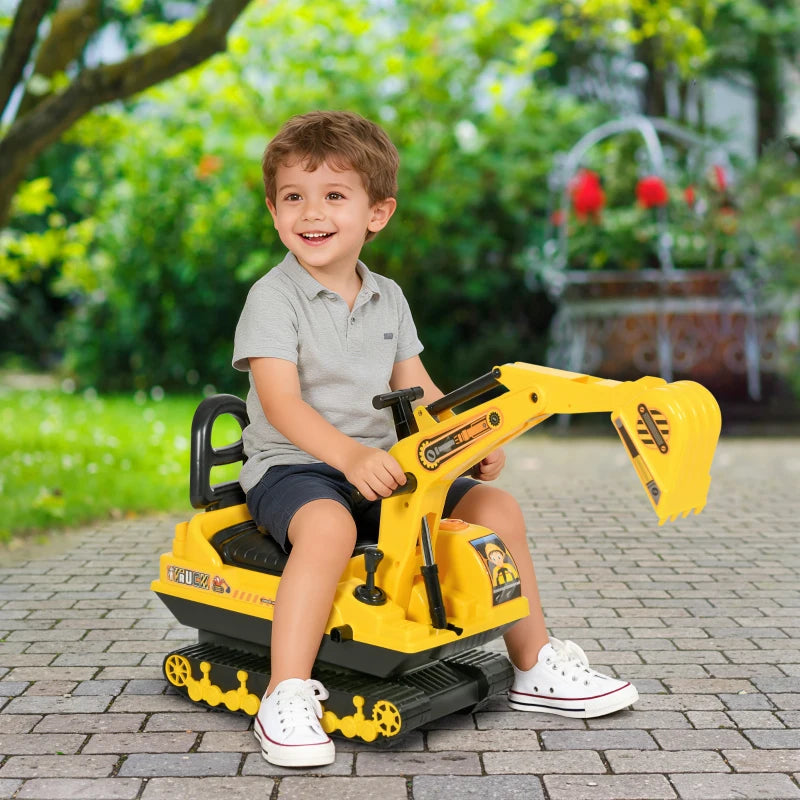 Qaba Kids Ride-on Excavator with Digger, Pretend Play Construction Truck with Under Seat Storage, Realistic Sound, Treaded Wheels, No Power Design