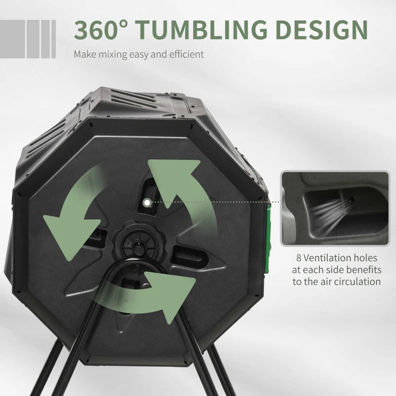 Tumbling Compost Bin Outdoor Dual Chamber 360° Rotating Composter 43 Gallon with Sliding Doors, Green