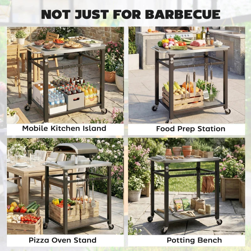 Outdoor Grill Cart with Stainless Steel Tabletop, 2-Tier Kitchen Prep Station with Hooks, Lockable Wheels, Black