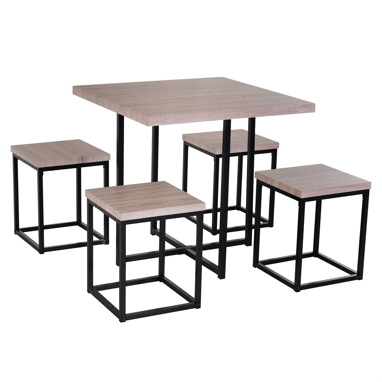 Farmhouse 5 Piece Square Natural Wood Steel Kitchen Dining Set - Free Shipping