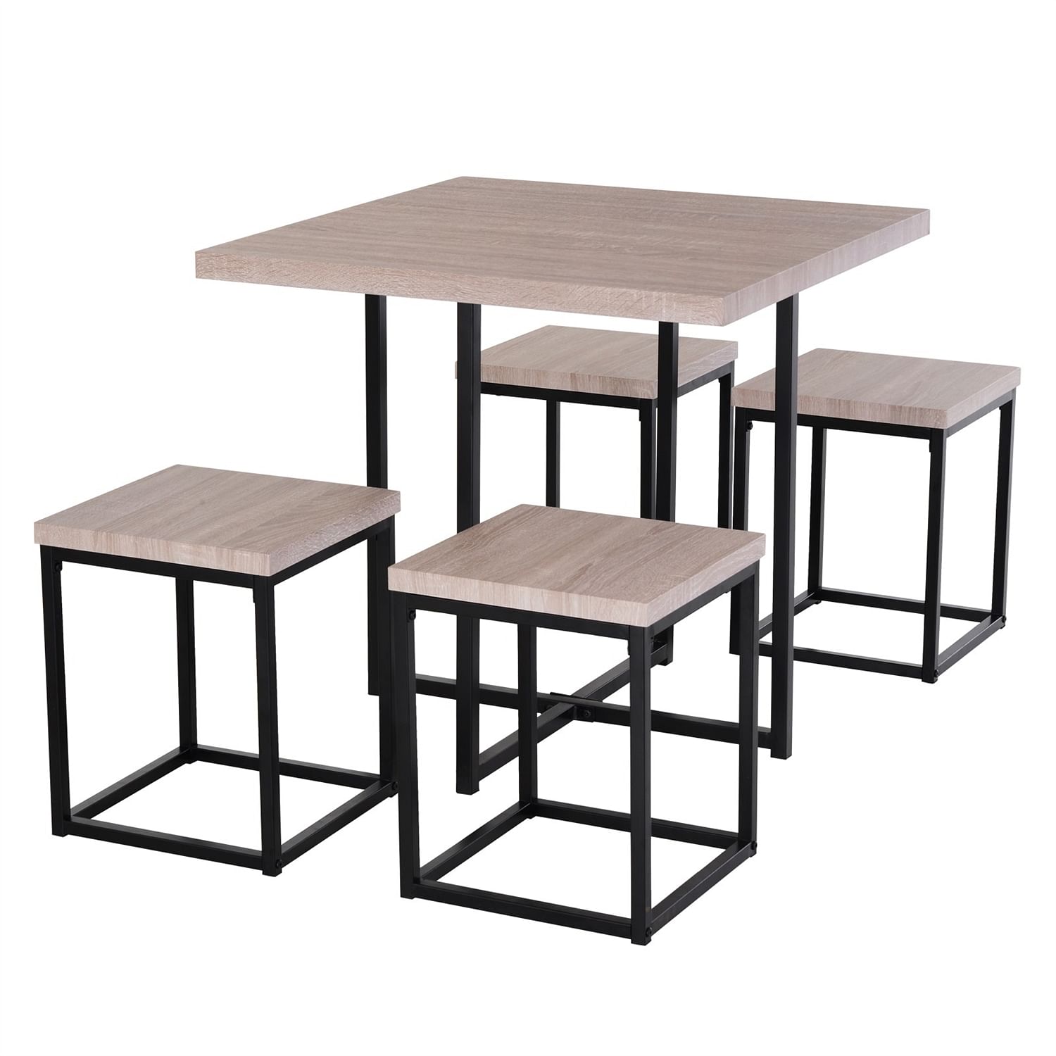Farmhouse 5 Piece Square Natural Wood Steel Kitchen Dining Set - Free Shipping
