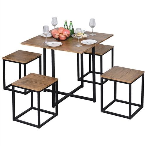 Farmhouse 5 Piece Square Walnut Wood Steel Kitchen Dining Set - Free Shipping
