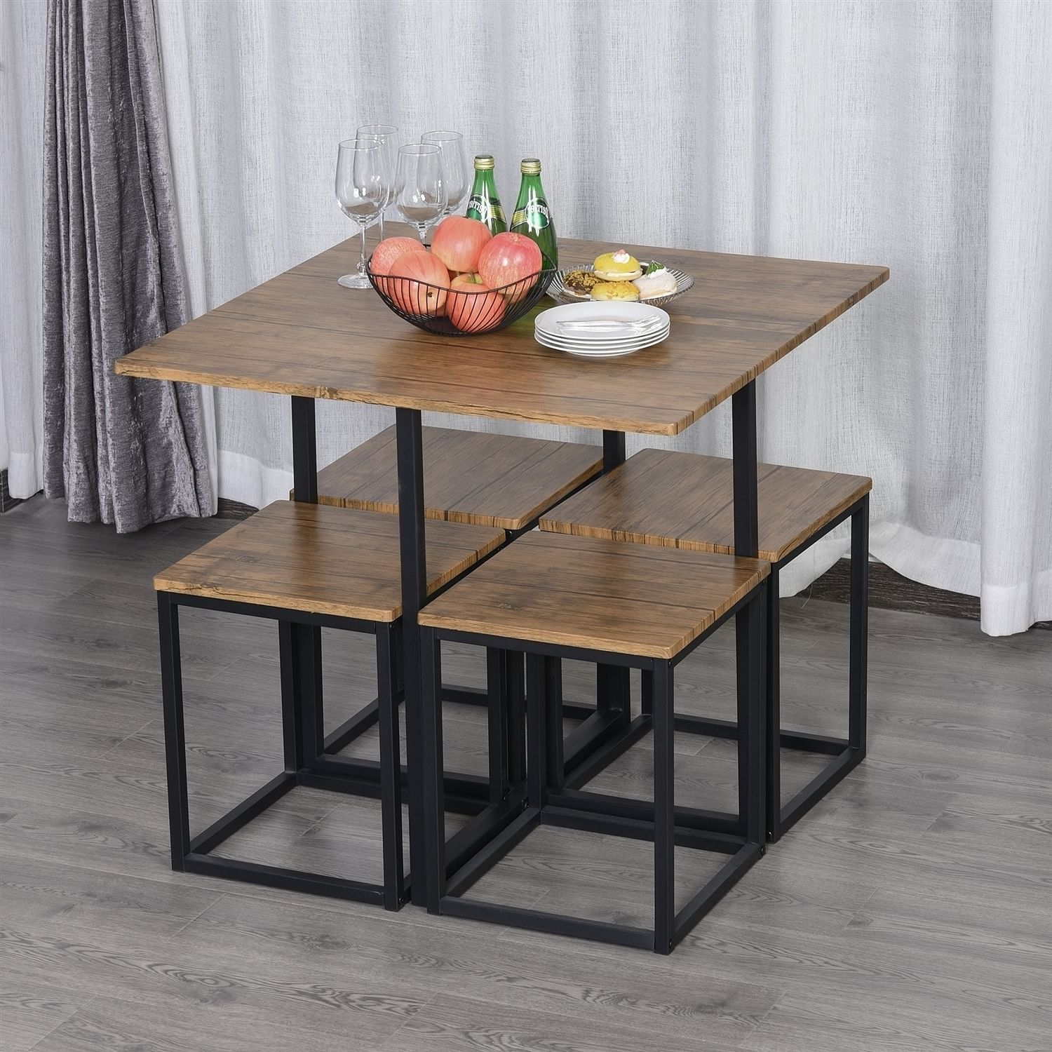 Farmhouse 5 Piece Square Walnut Wood Steel Kitchen Dining Set - Free Shipping