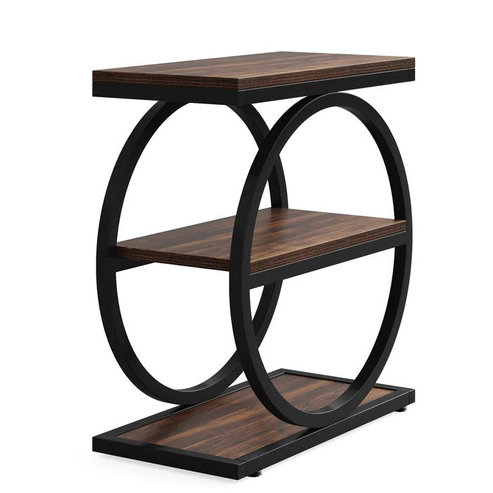 Modern Round Frame Accent Table with 3 Open Storage Shelves – Rustic Brown