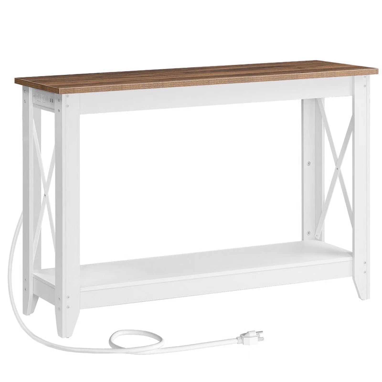HOOBRO 47.2" Console Table with Charging Station, Farmhouse Entryway Sofa Table with Storage Shelf, Oak Brown & Antique White
