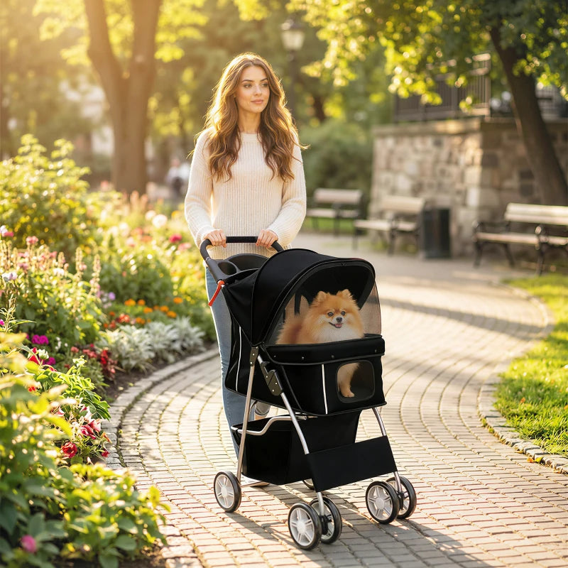 Pet Stroller with Reflective Strips, Foldable Cat Stroller with 360° Swivel Wheels for Small Dogs and Cats, Black