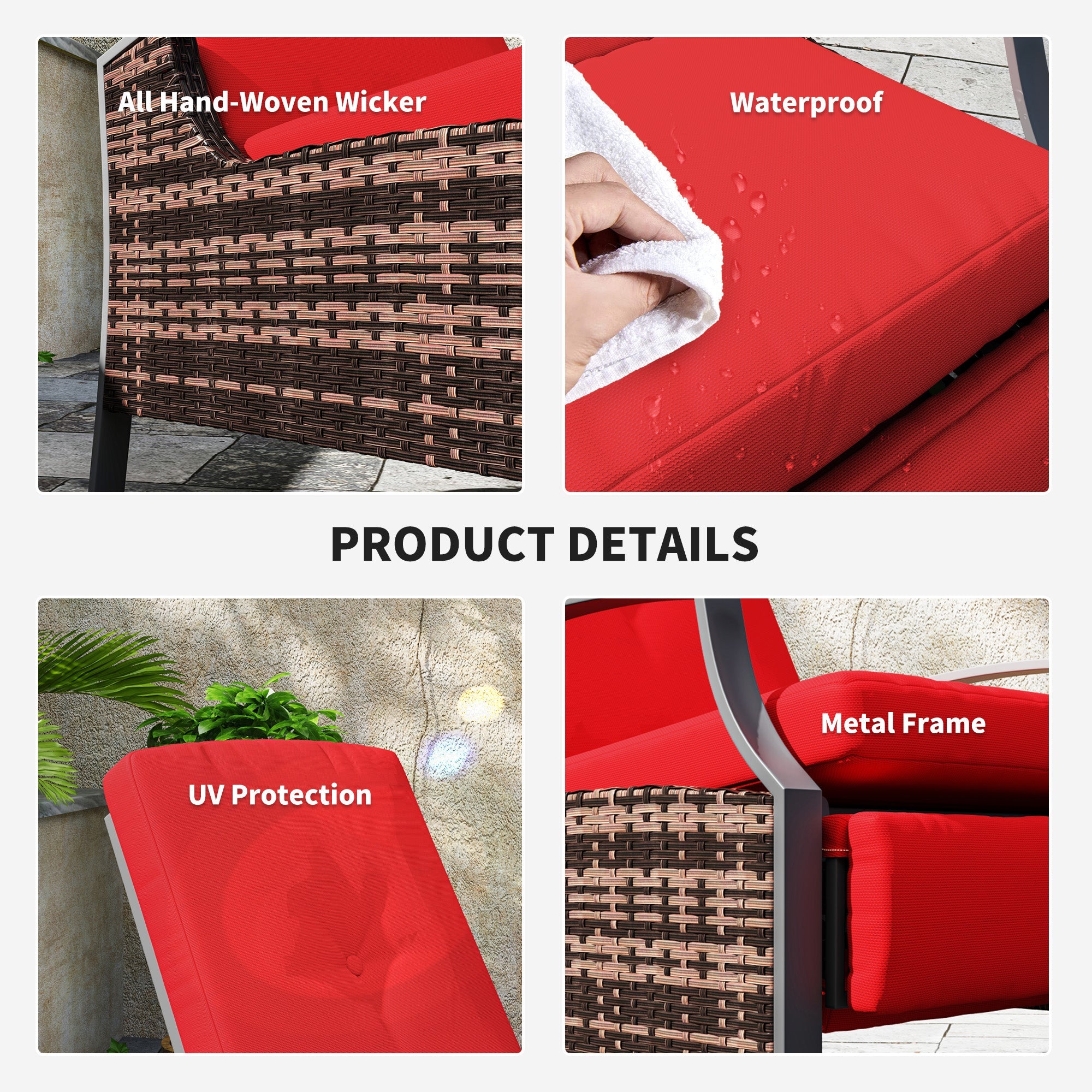 Outsunny Outdoor Rattan Recliner Chair, Wicker Reclining Chair with Adjustable Back Retractable Footrest Cushion Wine Red