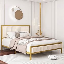 Queen size Gold Metal Platform Bed Frame with Beige White Upholstered Headboard - Free Shipping