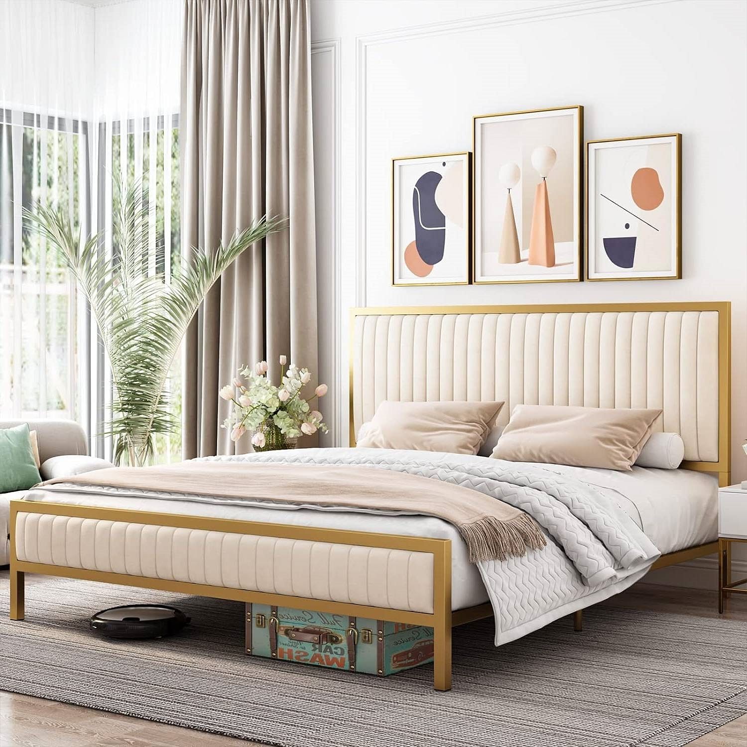 Queen size Gold Metal Platform Bed Frame with Beige White Upholstered Headboard - Free Shipping