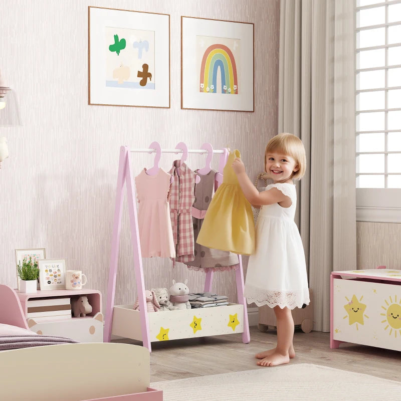 Qaba Kids Clothing Rack with Storage Shelf, Hangers, for Nursery Room, Living Room, Playroom, Pink