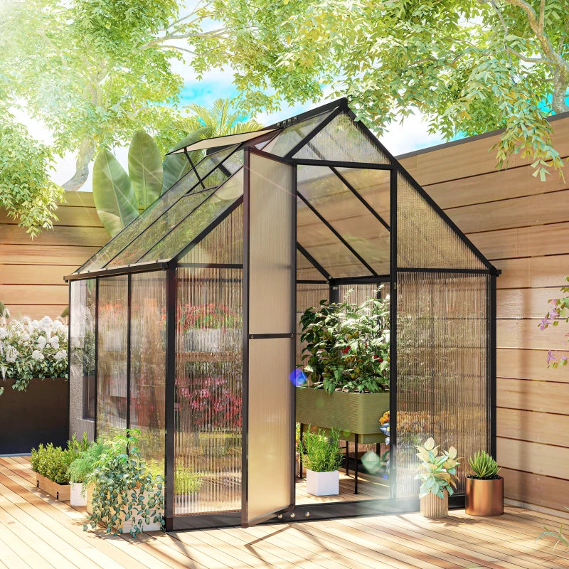 Polycarbonate Greenhouse with Swing Door and Adjustable Window, Walk-in Greenhouse with Rain Gutter, 6 x 6.5ft, Black