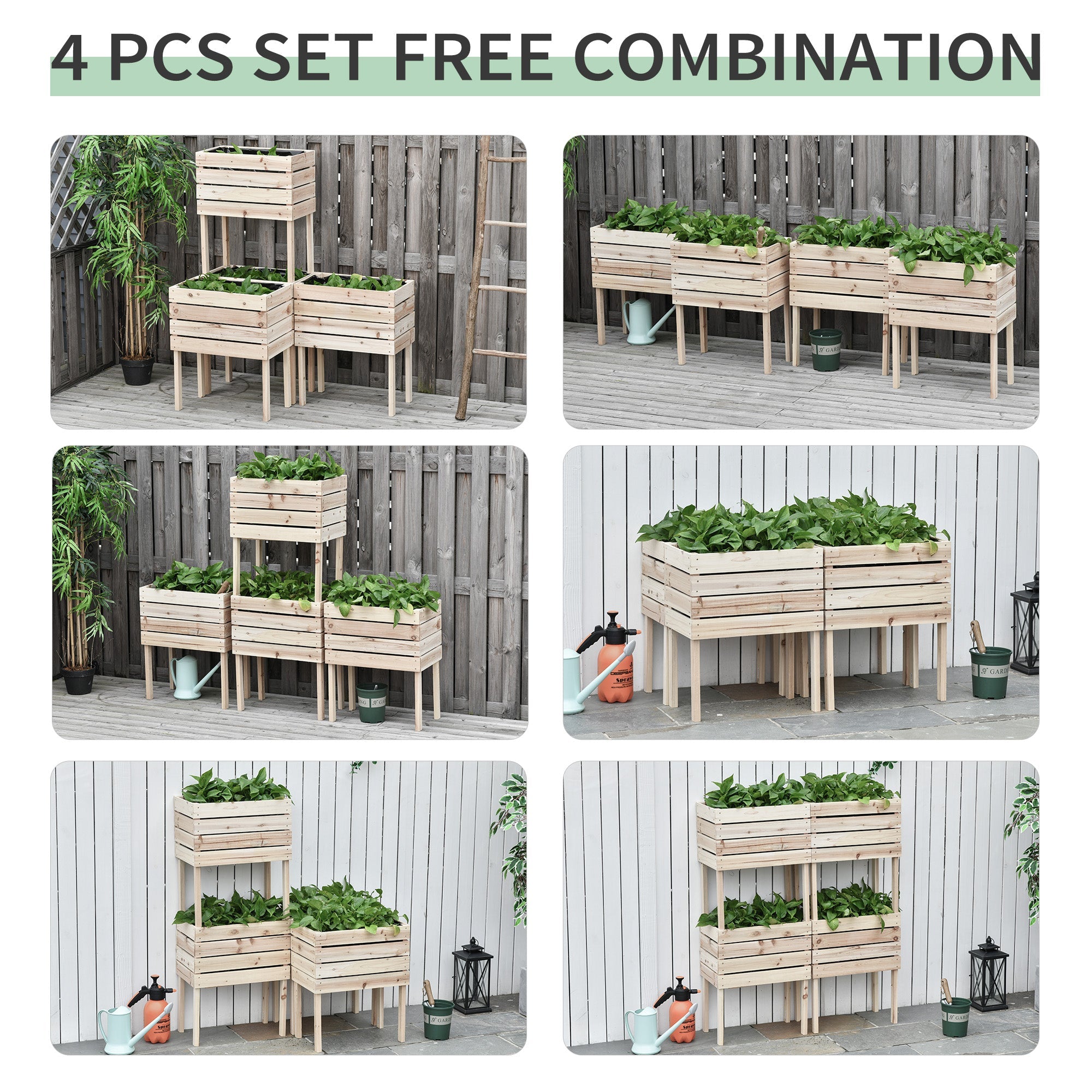 Outsunny 4PCS Wooden Planter Raised Garden Beds Kits Elevated Garden Beds for Flowers Vegetables, Outdoor Indoor Planting Box Container