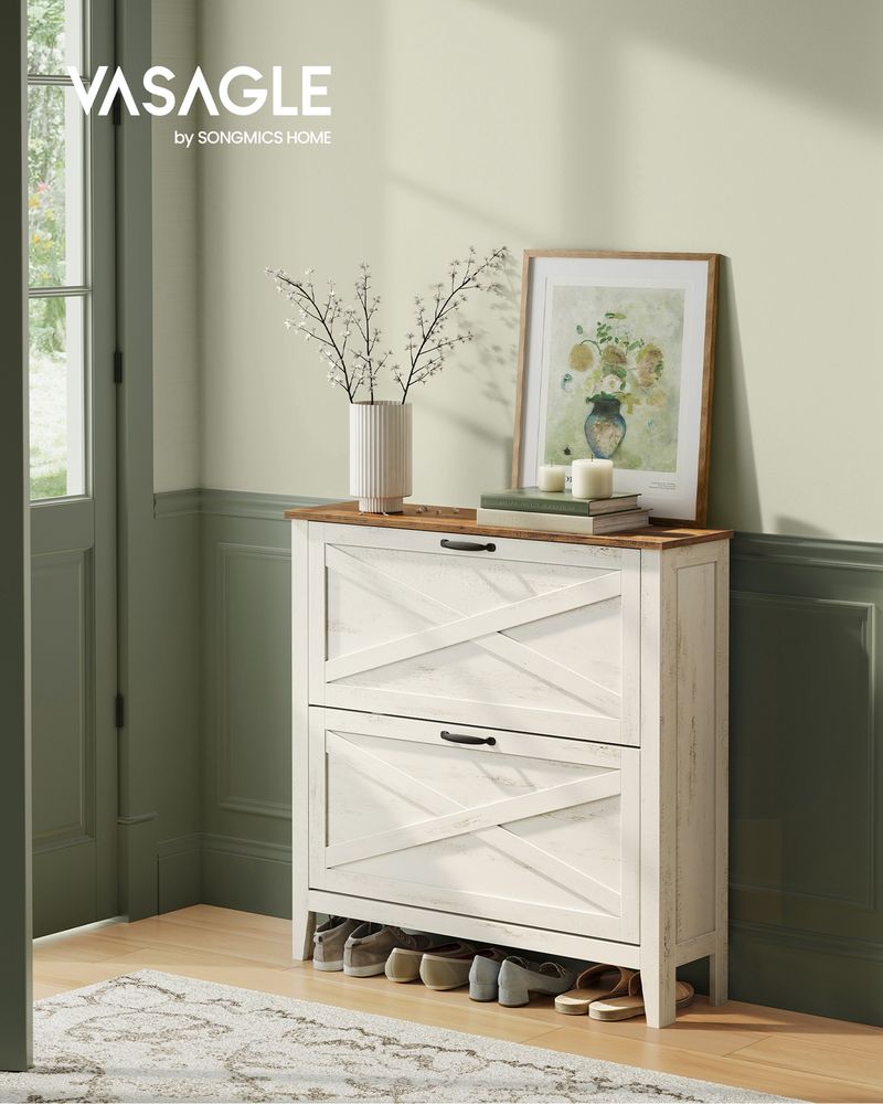 VASAGLE LIRY Collection Shoe Storage Cabinet Organizer with 3 Flip Drawers – Rustic White