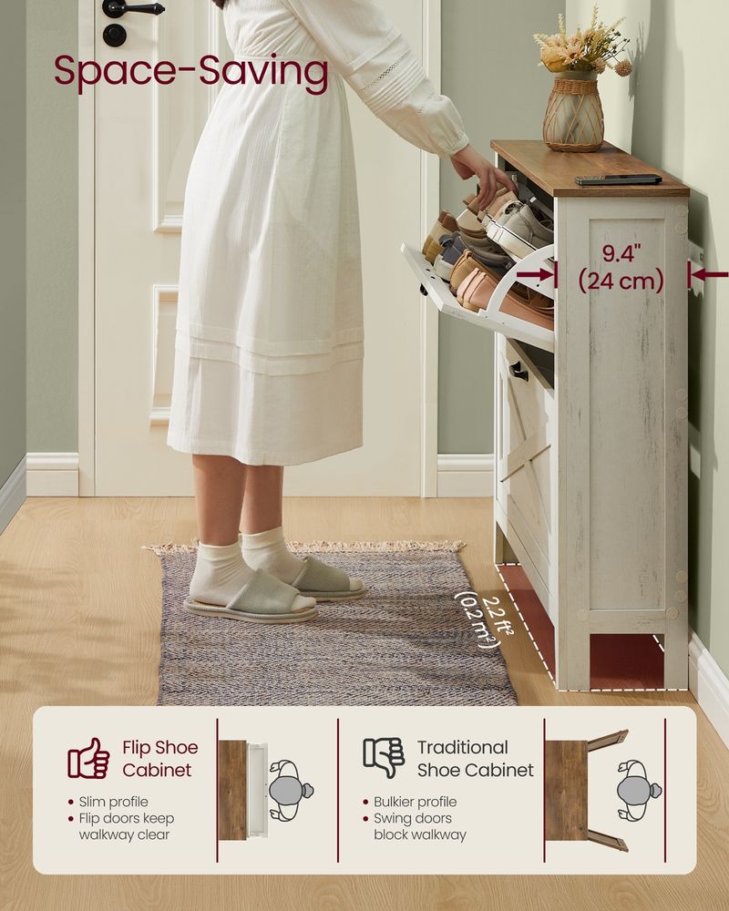 VASAGLE LIRY Collection Shoe Storage Cabinet Organizer with 3 Flip Drawers – Rustic White