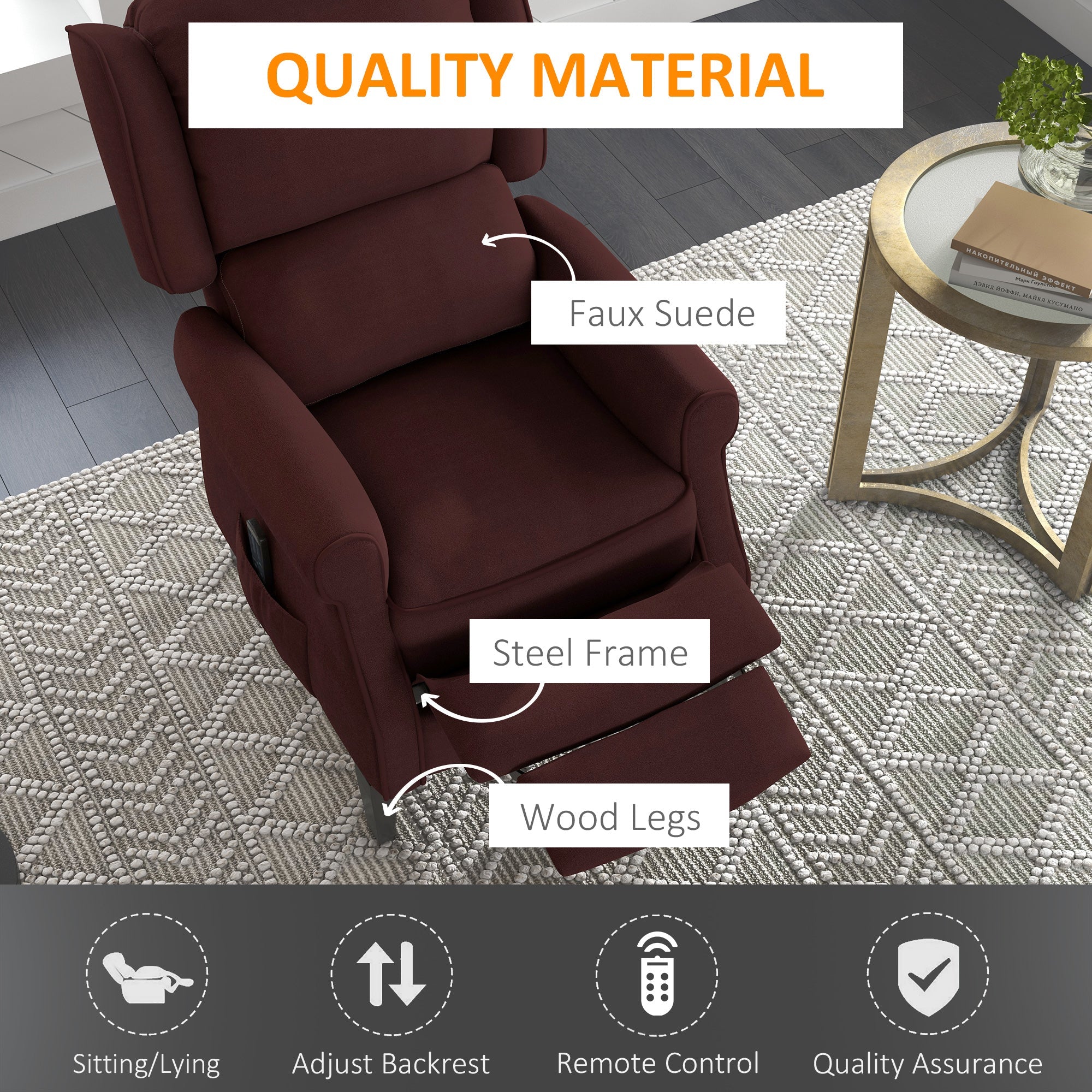 HOMCOM Push Back Recliner Chair with Vibration Massage Living Room Extendable Footrest Remote Pocket Brown