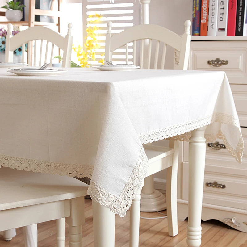 Christmas Linen Cotton Thicken Solid Tablecloth White Lace Hem Splice Washable Coffee Dinner Table Cloth for Wedding Banquet