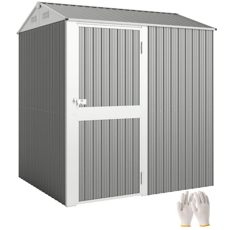 7' x 6' Tall Outdoor Storage Shed, Waterproof Metal Garden Shed with Gloves, Lockable Door, Silver Grey