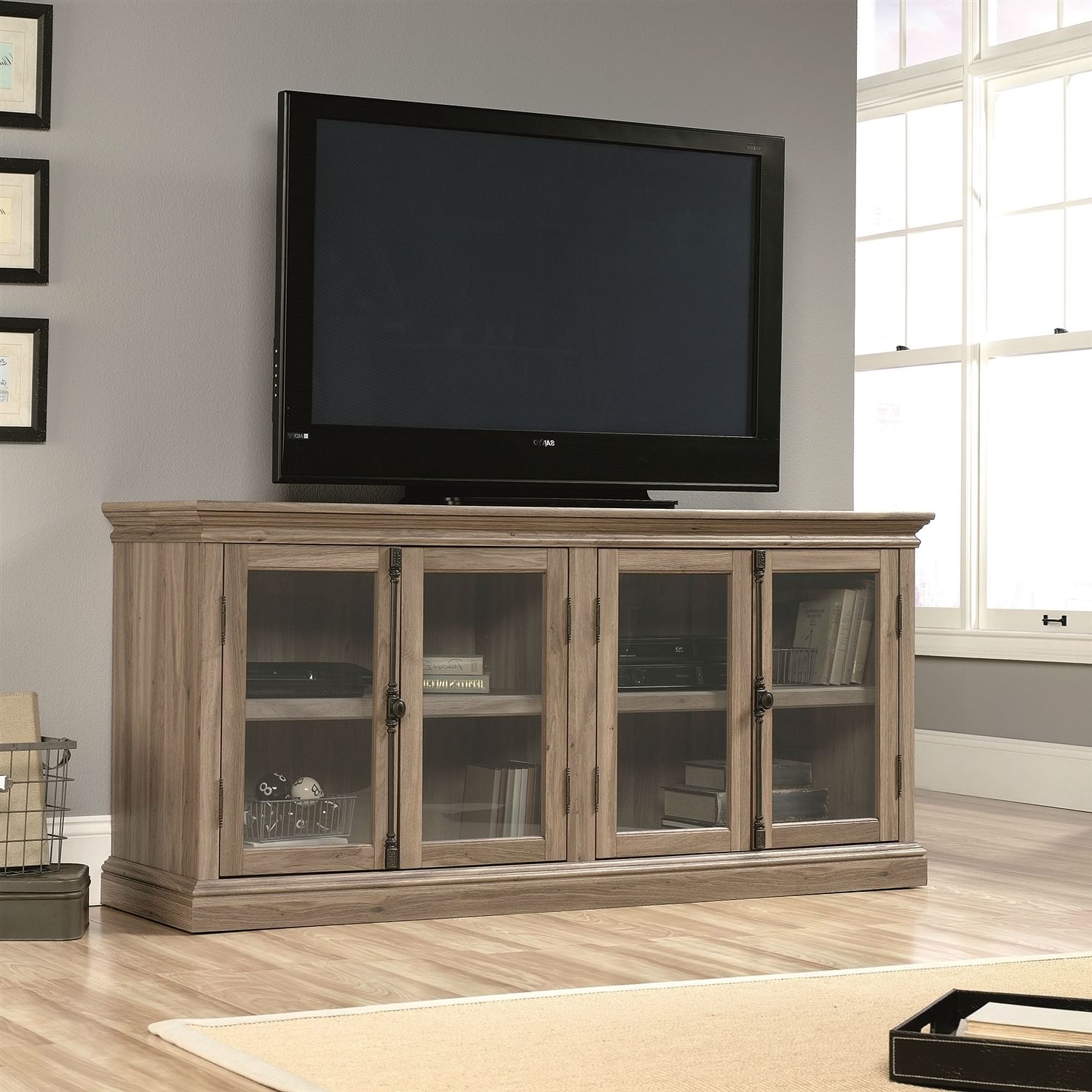Salt Oak Wood Finish TV Stand with Tempered Glass Doors - Fits up to 80-inch TV - Free Shipping