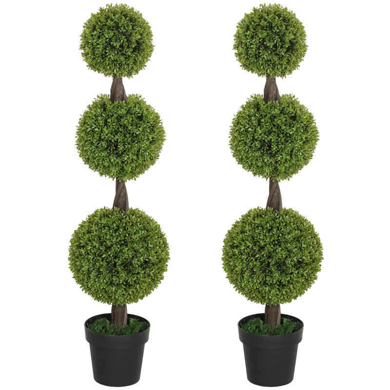 Set of 2 Artificial Ball Boxwood Topiary Trees, Fake Plants in Pots for Indoor Outdoor Decor, Green