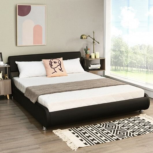 Full Size Faux Leather Upholstered Platform Bed Adjustable Headboard-Black - Free Shipping