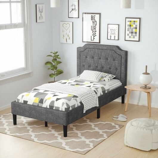 Linen Twin Upholstered Platform Bed with Frame Headboard Mattress Foundation - Free Shipping