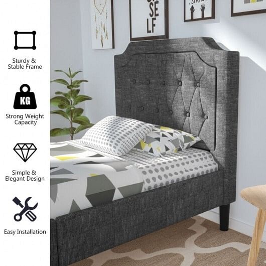 Linen Twin Upholstered Platform Bed with Frame Headboard Mattress Foundation - Free Shipping