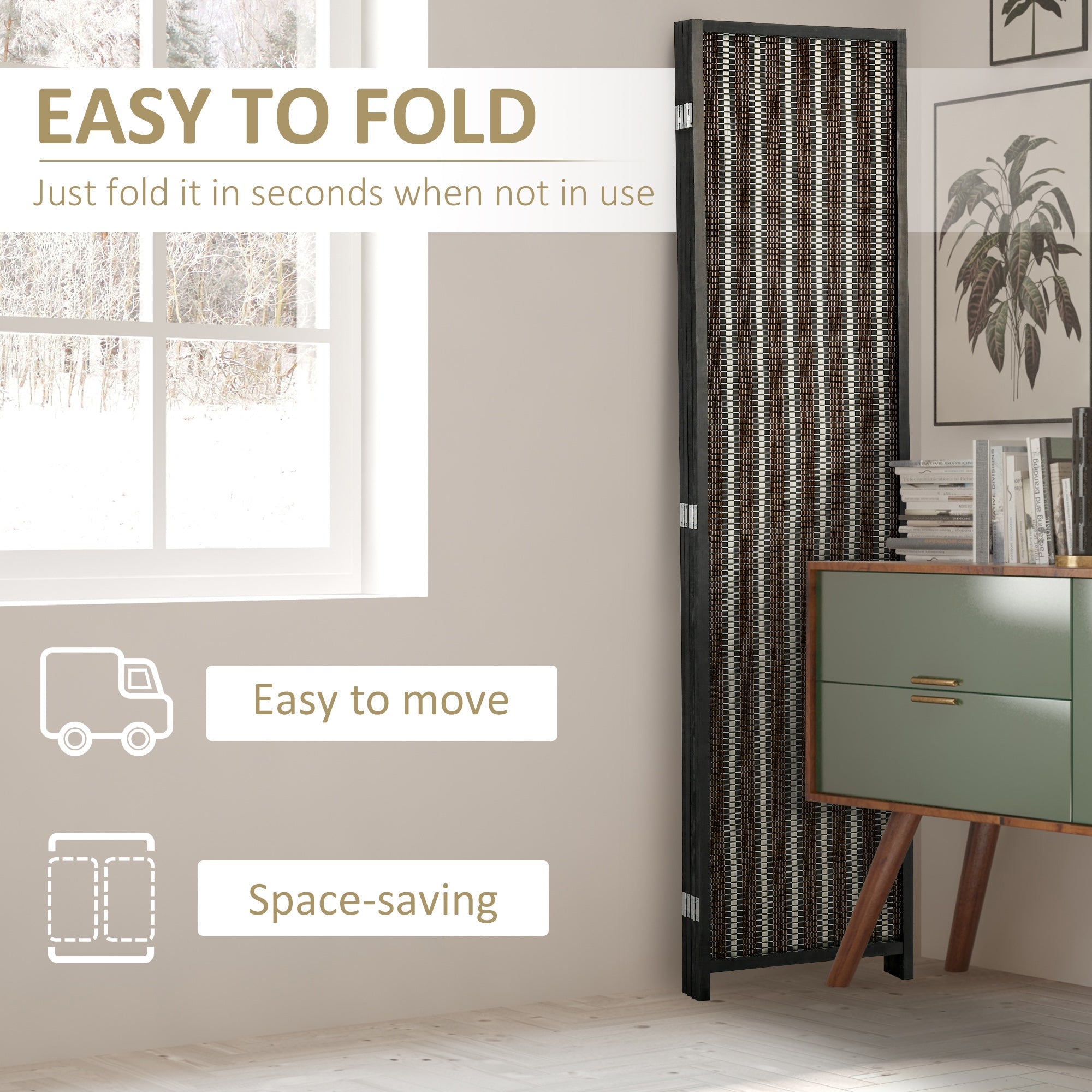 HOMCOM Bamboo Bliss: 4-Panel 6ft Tall Folding Bamboo Room Divider, Indoor Privacy Screen for Bedroom, Office, Brown Finish