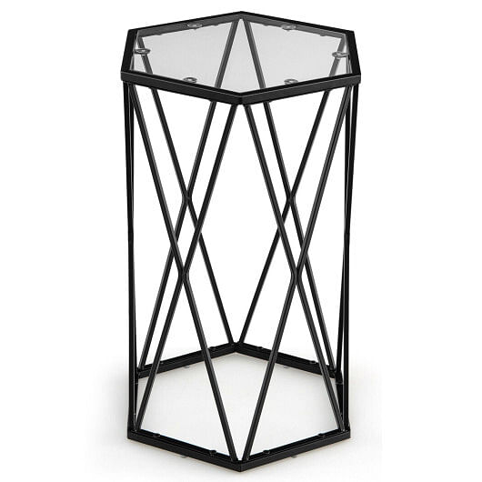 Hexagonal Accent End Table with Tempered Glass Top and Metal Frame - Free Shipping