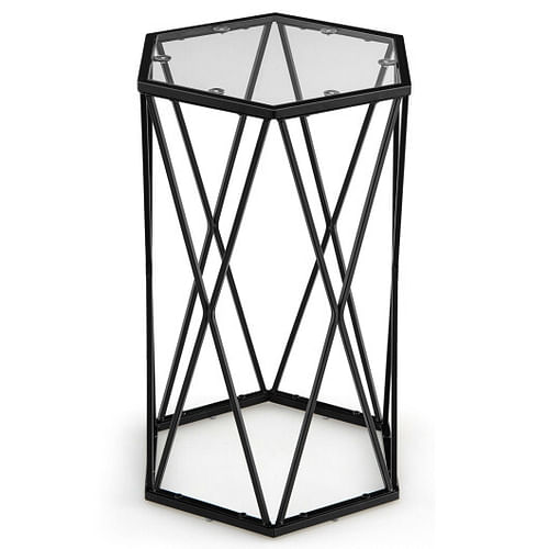 Hexagonal Accent End Table with Tempered Glass Top and Metal Frame - Free Shipping