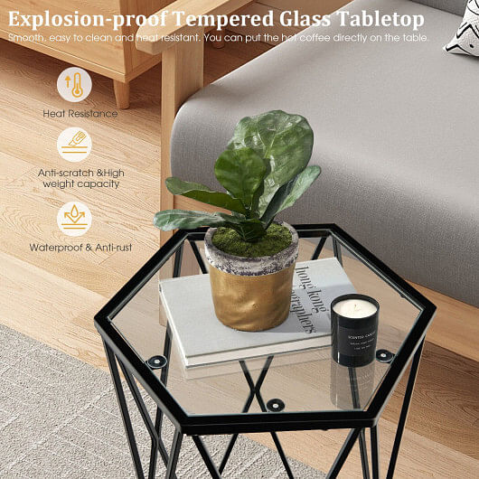 Hexagonal Accent End Table with Tempered Glass Top and Metal Frame - Free Shipping
