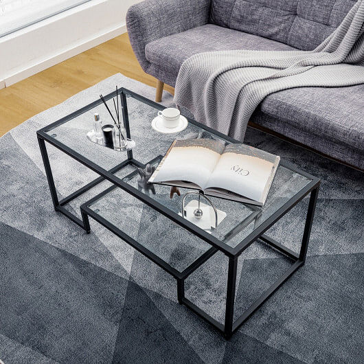 Modern 2-Tier Rectangular Coffee Table with Glass Table Top-Black - Free Shipping
