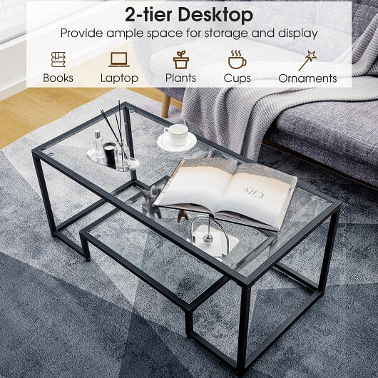 Modern 2-Tier Rectangular Coffee Table with Glass Table Top-Black - Free Shipping