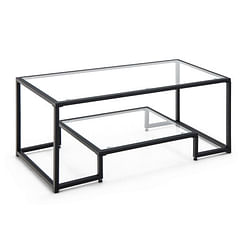 Modern 2-Tier Rectangular Coffee Table with Glass Table Top-Black - Free Shipping