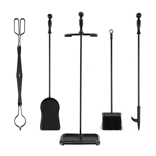 5-Piece Fireplace Tool Set with Tong Brush Shovel Poker Stand-Black - Free Shipping