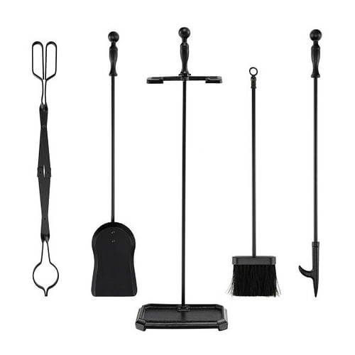 5-Piece Fireplace Tool Set with Tong Brush Shovel Poker Stand-Black - Free Shipping