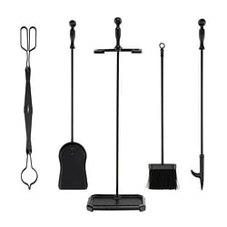 5-Piece Fireplace Tool Set with Tong Brush Shovel Poker Stand-Black - Free Shipping