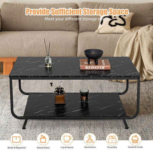 2-Tier Modern Marble Coffee Table with Storage Shelf for Living Room-Black - Free Shipping